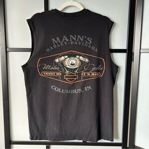 [L] Harley-Davidson Vintage Men’s Black Tank w/ Mann’s “Trust Me It’s Big” Logo